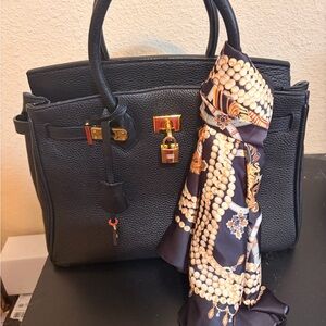 Black Handbag with Gold Accents and Scarf Birkin inspired size 35